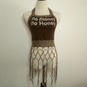 Brown NO MONEY NO HONEY Cropped Halter Top w/ Long Fringes